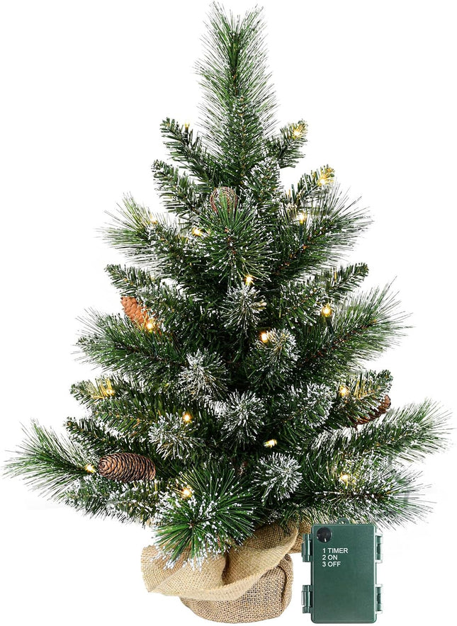 Pre-lit Artificial Mini Christmas Tree, 2ft Snow Tipped Pine Artificial Christmas Tree, Includes 30 Led Warm Lights, Seasonal Indoor Home Decor with Decorative Burlap Base