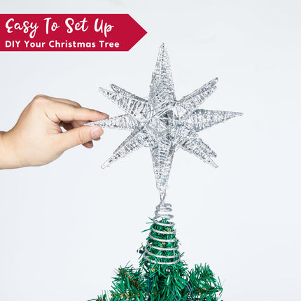 JOIEDOMI 11in Metal 3D Glitter Star Christmas Tree Topper Silver Tree Topper, 36LED Warm White with Plug Timer Star Tree Topper Ornaments Christmas Tree Decorations Home Holiday Party Indoor Decor