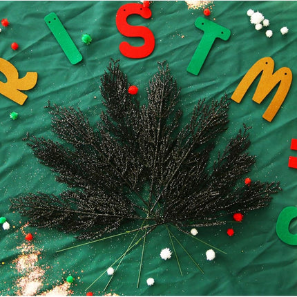 Felice Arts 6 Pack Artificial Flat Black Glitter Pine Needles 13" Fake Decorative Glitter Sticks for Halloween Vase Christmas Tree DIY Wreath Crafts Fireplace Decor