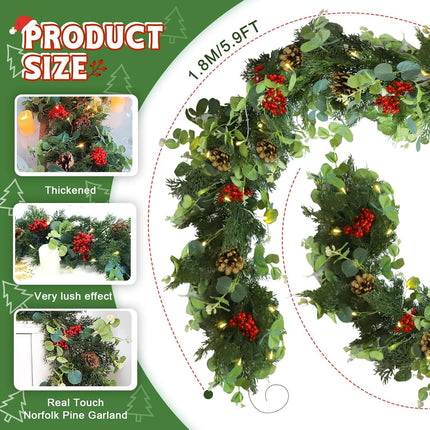 Christmas Garland,Artificial Pine Cypress Garland with Berry and Pinecone,Christmas Greenery Garland for Mantle,Table,Stair Handrail,Indoor,Outdoor Christmas Decorations(5.9FT