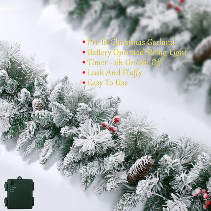 Christmas Garland with Lights - Xmas Garlands with Timer - Indoor Lighted Pine Cone Christmas Garlands with 50 LED Battery Powered String Light for Outdoor, Party, Home Decoration, 9 Ft by 10 Inch