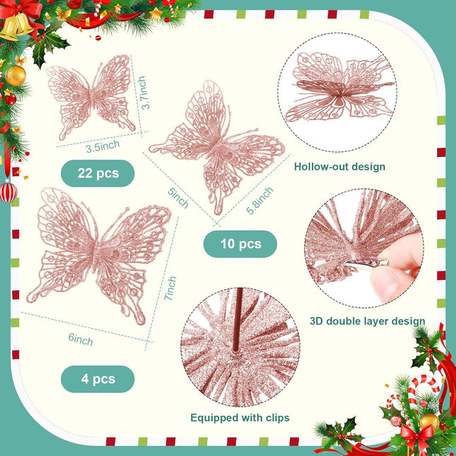 Jutom 36 Pcs Christmas Tree Butterfly Decorations 3 Sizes 3D Glitter Hollow Butterfly Ornaments Hanging Butterfly Wall Decor with Clips and Stems for Christmas Tree Wreaths Decor (Rose Gold)