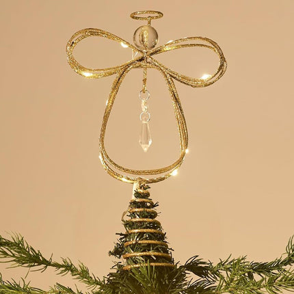 Valery Madelyn Lighted Christmas Tree Topper Angel with Timer, 10 Inch Pre-Lit Gold Metal Small Angel Tree Topper with Lights for Christmas Tree Decoration Indoor, Battery Operated