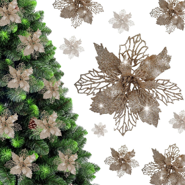 Zhenrui 12 pcs 6” Christmas Poinsettia Flower, Glitter Poinsettia Tree Ornaments, Champagne Artificial Flower Decorating Wreath Garland, Great for Wedding Holiday and Home Decor, with Stems