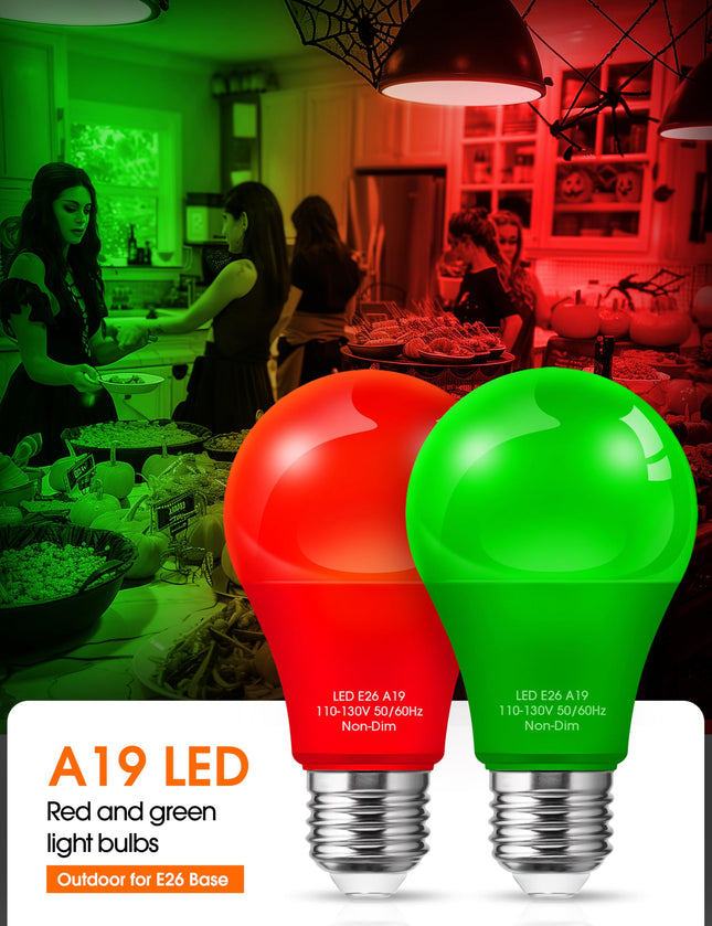 JandCase Halloween Red Green LED Light Bulbs Outdoor, [4 Pack] Red & Green Halloween Light Bulb 9W(60W Equivalent), E26 Base A19 LED Color Light Bulb, Halloween Decoration, Non-Dim
