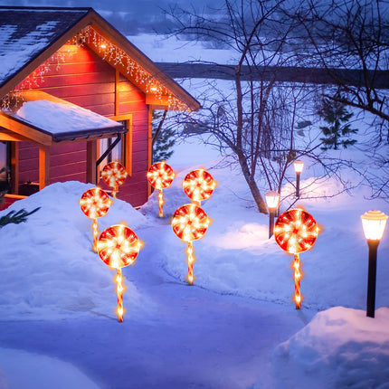 Set of 4 Lollipops Christmas Pathway Lights Outdoor 25" Candy Cane Peppermint Stake Light 80 LED Driveway Light with 8 Mode Waterproof Walkway Lights for Yard Patio Decor(Warm Light, Red and White)
