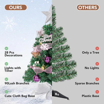 NALONE Mini Christmas Tree with Lights and Timer, 24 Inch Snow Flocked Small Christmas Tree with 28 Pcs Ornaments, 90 Branch Tips Tabletop Christmas Tree for Holiday Decoration (Purple)