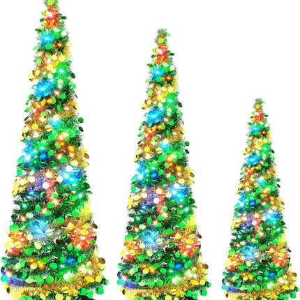 Leyndo 3 Pcs Pop up Christmas Tree with LED Light 3, 4, 5 ft Pre Lit Artificial Collapsible Christmas Tree Green and Gold Pencil Sequin Tinsel Skinny Xmas Tree for Indoor Home Fireplace Decoration