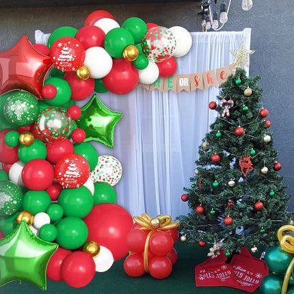 Christmas Balloon Garland Arch Kit, Green Red White Balloon Arch, Star Foil Balloon Christmas Cane Snowflake Christmas Tree Balloon for Christmas Year Party Decorations