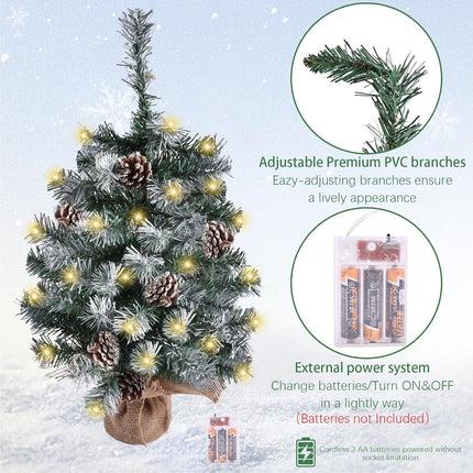 Artificial Mini Christmas Tree with LED Lights, 21 Inch Table Top Christmas Tree with Pine Cones for Holiday and Christmas Decoration