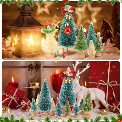 67 Pcs Miniature Sisal Frosted Christmas Trees Snowflake Bottle Brush Trees with Wood Base Mini Artificial Christmas Trees Set Tiny Christmas Balls Box Wreath for Christmas Home DIY Decor Crafts