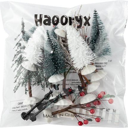 Haooryx 24pcs Mini Artificial Christmas Village Tree Accessories Miniature Pine Trees Park Bench Seat Snow Frost Trees Set Farmhouse Xmas Scene Figurines Decor Xmas Diy Crafts Village Collections