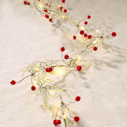 Snow Branch String Lights with Red Berry Garland Christmas 6.5FT & 25LED White Christmas Garland with Lights Battery Operated - Christmas Garland for Mantle Twig Garland for Christmas Tree Decorations