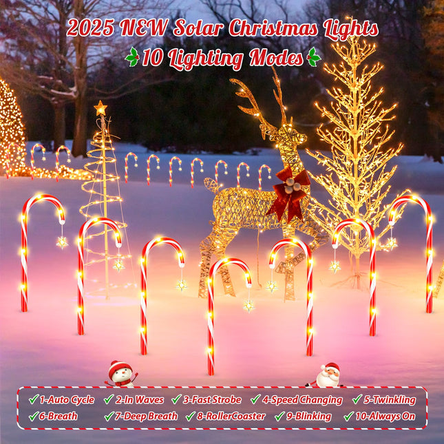 KOOPER Christmas Decorations Outdoor, 24Pack Solar Candy Cane Lights Outdoor Christmas Decorations with 10 Modes, Solar & USB Charging Waterproof Solar Christmas Pathway Lights for Garden Party Patio