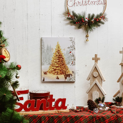 NIKKY HOME 16" x 12" Christmas LED Lighted Canvas Wall Art Prints Light Up Tree Forest Picture White Winter Snow Scene for Holiday Decor