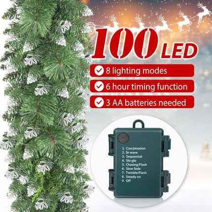 Jin&Bao 9FT Christmas Garland with Lights 100 LED Prelit Pine Needle, Cypress Leaves, Snow Branches Garland Christmas Decorations with Timer 8 Modes for Mantle Stairs Door Outdoor Decor