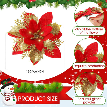 Lyrow 60 Pcs 6 Inch Christmas Glitter Poinsettia Flowers Decorations with Clips and Stems Christmas Tree Ornaments Artificial Poinsettia for Xmas DIY Wreath Crafts Party Decor(Red with Gold)