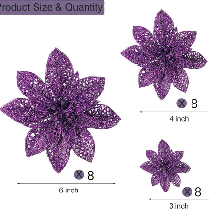 Wironlst 24 Pieces Glitter Poinsettia Flowers Christmas Tree Ornaments, Glitzy Poinsettia Bushes Christmas Decorations for Xmas/Holiday/Seasonal/Wedding (Purple)
