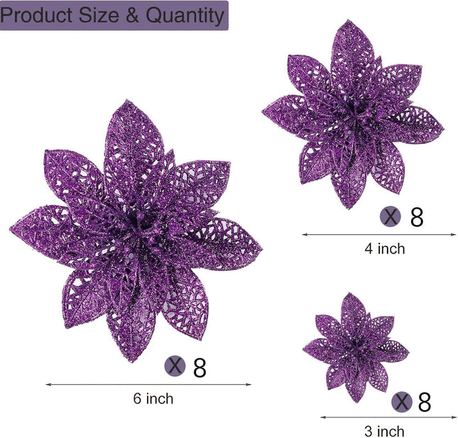 Wironlst 24 Pieces Glitter Poinsettia Flowers Christmas Tree Ornaments, Glitzy Poinsettia Bushes Christmas Decorations for Xmas/Holiday/Seasonal/Wedding (Purple)