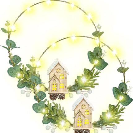 Light Up Christmas Wreath for Front Door - 2 Pcs 12 Inches LED Prelit Christmas Hoop Wreath with Lighted House for Xmas Holiday Winter Decor Modern Mantel Decoration