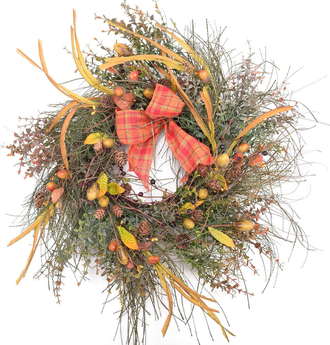 22 Inch Fall Front Door Wreath Mixed Berry Bow Ribbon Wreath Large Harvest Wreath with Pinecone on Grapevine Base for Front Door Farmhouse Wall Window Festival Celebration Christmas Decor