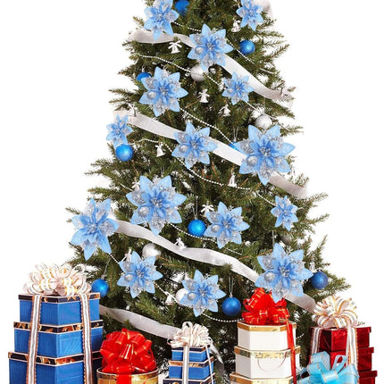 24 Christmas Glitter Artificial Poinsettia Flowers Xmas Poinsettia Artificial Wedding Flowers Decorations Xmas Tree Ornaments with Clips for Party Favors, 6 Inch, 4 Inch, 3 Inch (Silver and Blue)