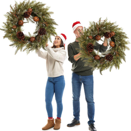22-Inch Handcrafted Artificial Christmas Wreath with Pinecones, Rust Bell, and Lifelike Pine Branches Winter Holiday Wreath for Front Door and Home Décor, Indoor/Outdoor Seasonal Décor