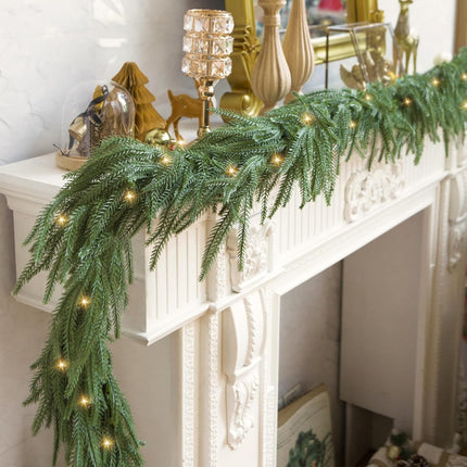 Perfnique 6 Ft Christmas Norfolk Pine Garland with Lights, Outdoor/Indoor Greenery Garland Artificial Winter Garland, Real Touch Garland for Mantle Fireplace Table Wall Home Holiday Seasonal Decor