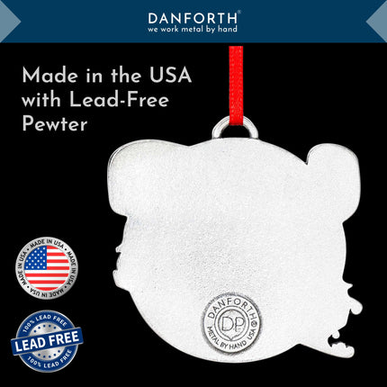 DANFORTH - ‘A Happy Christmas’ Ornament Detailed Pewter with Green Sash, Hanging Christmas Tree Decoration, Santa’s Reindeer Collectors , Made in USA, Measures 2” Tall by 2 ¼” Wide