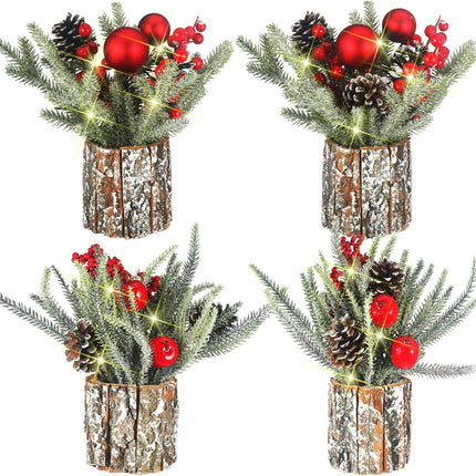 4PCS Small Christmas Tree 13.8 x 11.8 Artificial Mini Tabletop Christmas Tree Decor Mini Christmas Tree with Berries and Pine Cones Xmas Table Centerpiece Home Potted Tree with LED Lights for Party