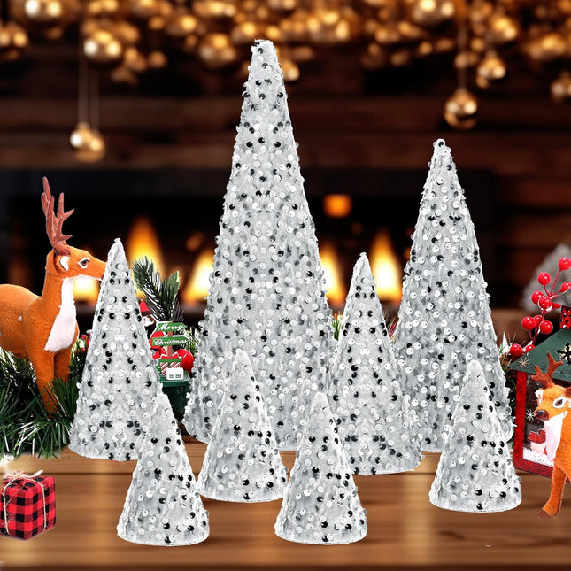 Liliful 8 Pieces Christmas Velvet Trees Set Modern Christmas Decor 4 Sizes Handmade Christmas Tabletop Centerpieces Trees Winter Decoration for Entryway Mantle Farmhouse (White Silver Sequin)