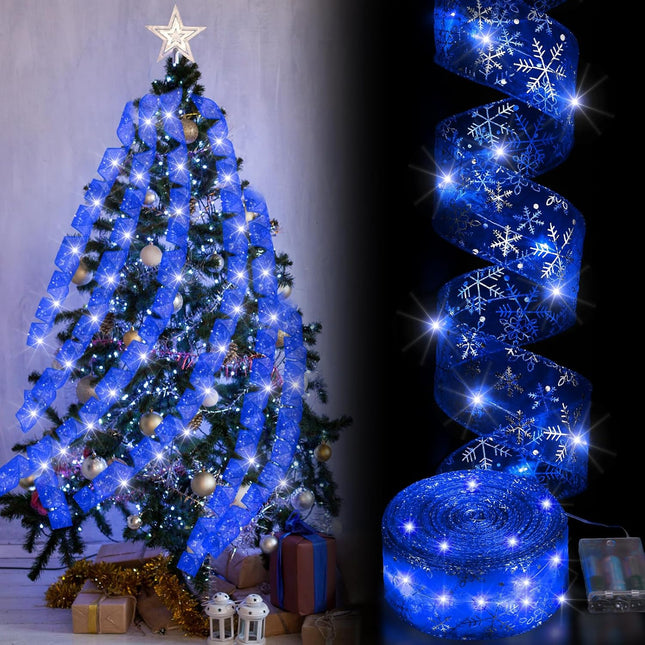 Giegxin Christmas Ribbon with Lights 2 Inch x 66ft 100 LED Christmas Tree Ribbon Decorations Battery Operated Fairy String Lights for Xmas Tree Wedding Party Garland Outdoor(Blue)