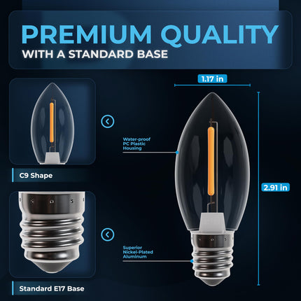 BlueStars 25 Packs Clear E17 LED Bulbs C9 Candle Shape, 1W (15W Equivalent), 2700K Warm White, Shatterproof, Perfect for Home Outdoor & Indoor Decoration, String Lights, Patio Lights