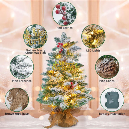 Small Mini Table top Christmas Tree with 50 LED Lights 24 Inch /2FT Little Prelit Christmas Tree Decorated Boxes and Hanging Ornaments for DIY Christmas Decoration (Flocked)