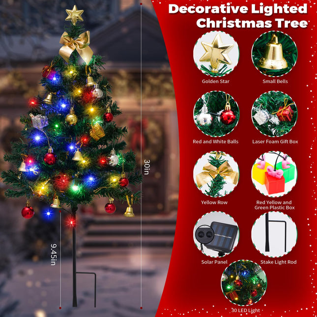 2 Pack Solar Mini Christmas Tree Decorations Lights, 30 Inch 8 Flashing Modes Waterproof Xmas Decor, 60 LED Lights with Ornaments 6 Lighted Boxes for Porch Pathway Yard Garden (Multicolor)