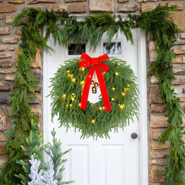 YoleShy 22" Christmas Wreath Real Touch Norfolk Pine Wreath with Bell & Bow Christmas Wreaths for Front Door Battery Operated with Timer for Window, Fireplace, Wall, Door Decor (Norfolk Pine Wreath)