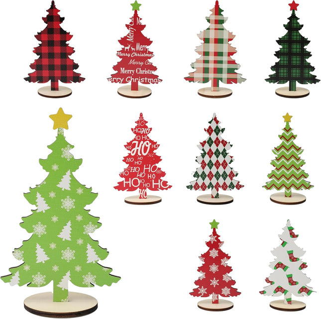 10 Pack Wooden Christmas Tree Tabletop Decorations, 7 Inch 6 Inch Red and Green Plaid Xmas Tree Table Centerpieces Farmhouse Rustic Christmas Decor for Home Shelf Tiered Tray Decor