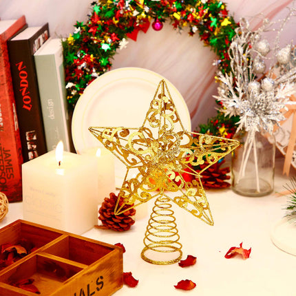 Blulu Glittered Christmas Tree Topper 10 Inch Metal Star Treetop Xmas Hollow-Out Star Topper for Christmas Tree Decoration (Gold)