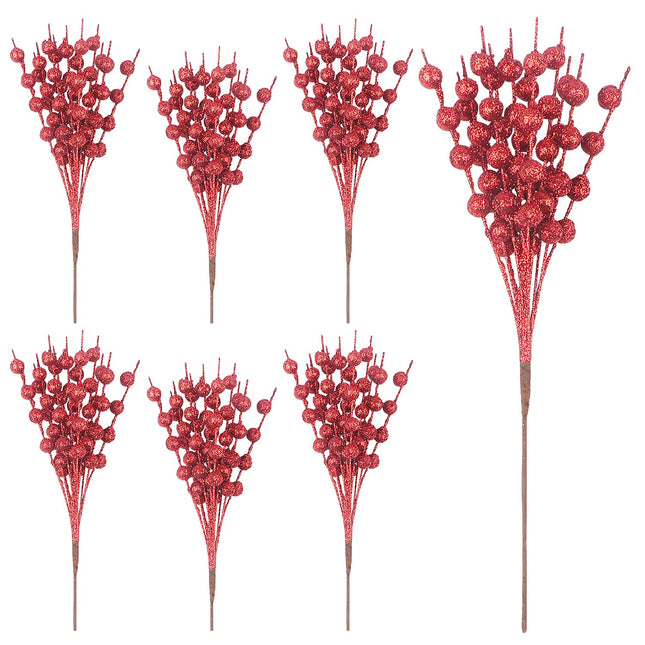 YIYA 6 Pack Red Artificial Glitter Berry Stems Fake Christmas Picks Decorative Plastic Berries for Christmas Tree Decor DIY Crafts Decoration Holiday Home Decor（11"）