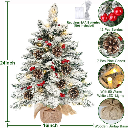 24 Inch Flocked Christmas Tree with 30 Warm Lights Timer, Mini Tabletop Christmas Tree Battery Operated 42 Red Berry Pinecone Burlap Base Small Christmas Tree Xmas Christmas Decorations Indoor Home