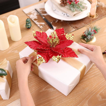 U'Artlines 12 Pcs Large Poinsettias Artificial Christmas Flowers with Clips, 9 Inch Glitter Red Poinsettia Flowers Christmas Decorations for Xmas Tree Year Holiday Wedding Party Ornaments