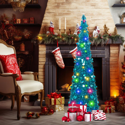 N&T NIETING Christmas Tree with Lights, 5ft Collapsible Pop Up Blue Tinsel Christmas Tree Coastal Christmas Tree for Holiday Xmas Decorations, Home Display, Office Decor