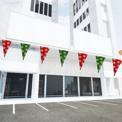 100FT Christmas Plastic Flags, Holiday Pennant Banner, Green and Red Garland with White Snowflakes, Xmas Decoration Triangle Flags, Winter Decoration Bunting Banner, by Bashout