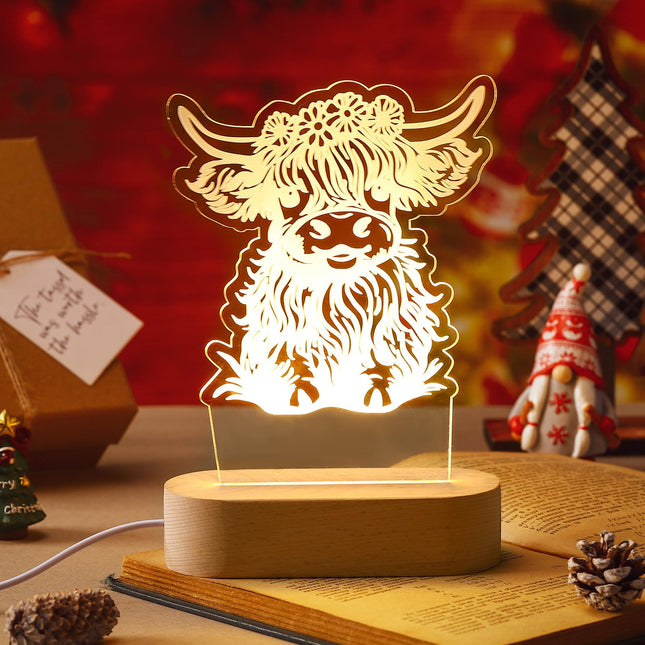 Dreyoo Highland Cow Night LED Light Acrylic Cute Highland Cow Nursery Night Lamp Christmas Bedside Lamp Highland Cow Decor Funny Animal Highland Cow s for Girls Boys Teens Farmers Cow Lovers
