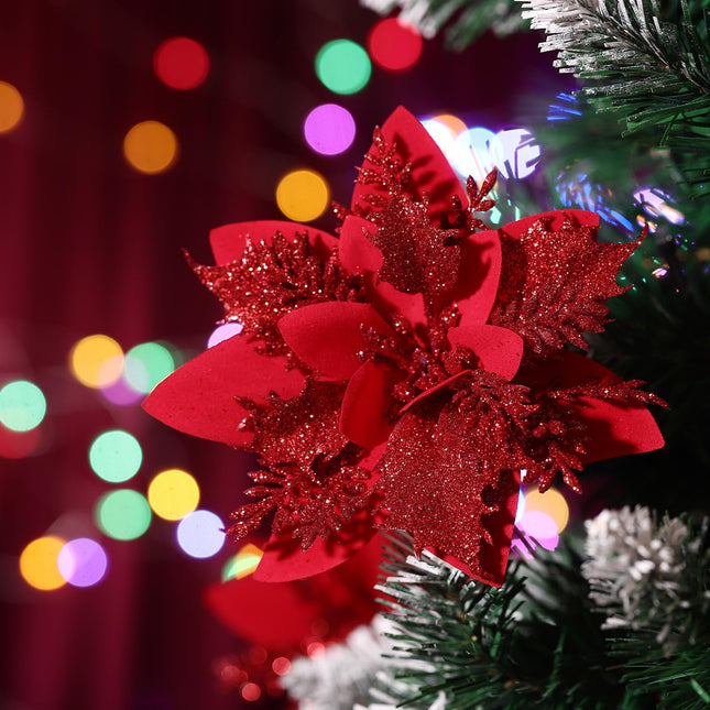 jojofuny Christmas Glitter Artificial Flowers Ornaments, 12pcs 5.9in Poinsettia Artificial Christmas Flowers with Clips for Christmas Tree Wreaths Garland Holiday Decoration Red