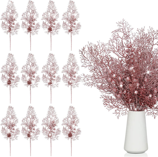 Tigeen 12 Pcs Large Christmas Tree Picks Bulk Glitter Branches Berries Stems Decorations 15.75'' Christmas Twigs Filler Berry Picks for Vase Christmas Tree Ornaments (Rose Gold)