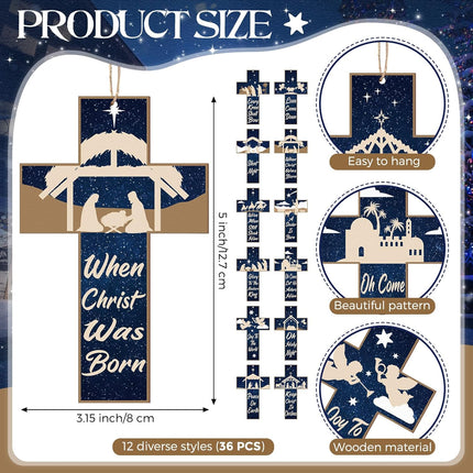 Soaoo 36 Pcs Nativity Ornaments for Christmas Tree Wooden Nativity Scene Ornaments Hanging Cross Xmas Tree Decorations Birth of Jesus Christian Decor for Tree Wreaths Xmas Winter Party