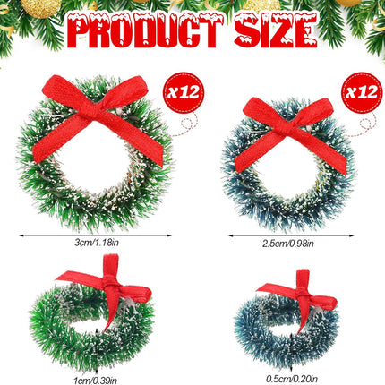 Dingion 24 Pieces Mini Christmas Wreaths with Bows Include 1 Inch Blue Green 1.2 Inch Grass Green for Christmas Tree Decoration (Simple Style)