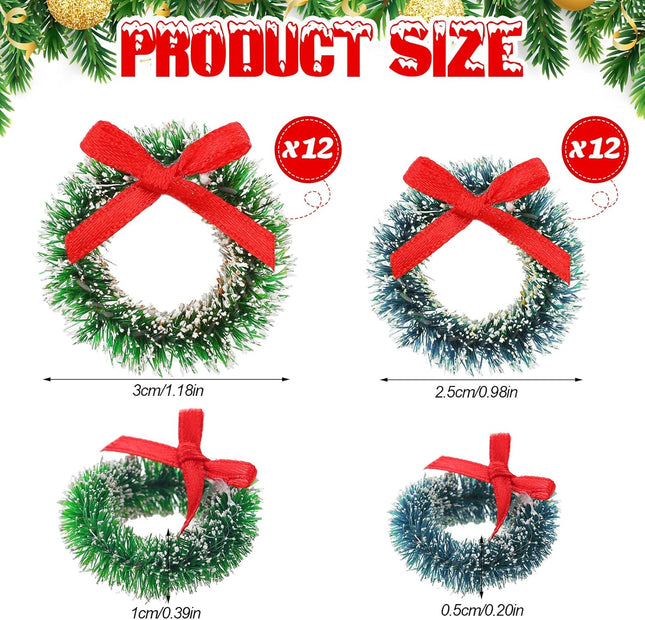 Dingion 24 Pieces Mini Christmas Wreaths with Bows Include 1 Inch Blue Green 1.2 Inch Grass Green for Christmas Tree Decoration (Simple Style)