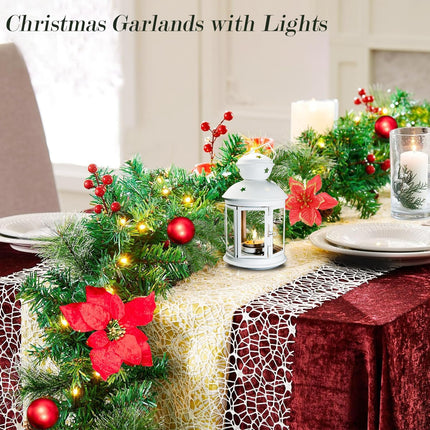 9Ft Pre-Lit Christmas Garland Artificial Indoor Outdoor Decoration, Christmas Garland with Flower Snowy Pine, Garland with Battery Operated for Xmas Mantle,Stairs, Fireplaces, Walls Decor